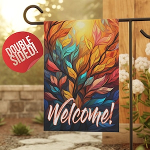 Vibrant Fall Rainbow Leaves Welcome Double Sided Garden Flag, Spring Garden Flag, Farmhouse Decor, Porch Decor, Entry Flag, Yard Decor, Hous