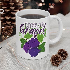 Cute Grape Pun Mug, Fruit Lover Gift, Life is Grape! Kawaii Saying, Dad Joke, Vegan, Vegetarian, Ceramic Mug 11oz