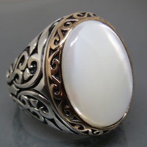 Anillo turco hecho a mano de plata de ley 925 con piedra de perla para hombre, talla 10