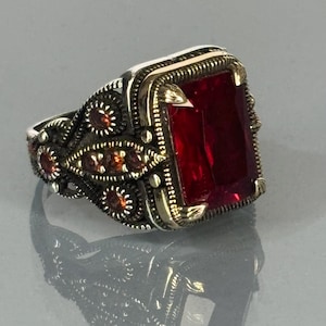 Turkish Handmade Square Ruby Stone Men's Ring, 925 Sterling Silver Statement Jewelry, Ornate Vintage Design