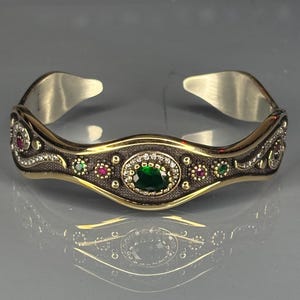 Emerald 925 Sterling Silver Women’s Bangle, Filigree Floral Design, Hurrem Sultan Inspired Jewelry, Turkish Handmade, Vintage Gift for Her