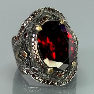 May include: A silver ring with an oval, deep red gemstone as the centerpiece. The ring is intricately detailed with smaller red and gold accents, and ornate patterns around the band. The gemstone is faceted, catching the light.
