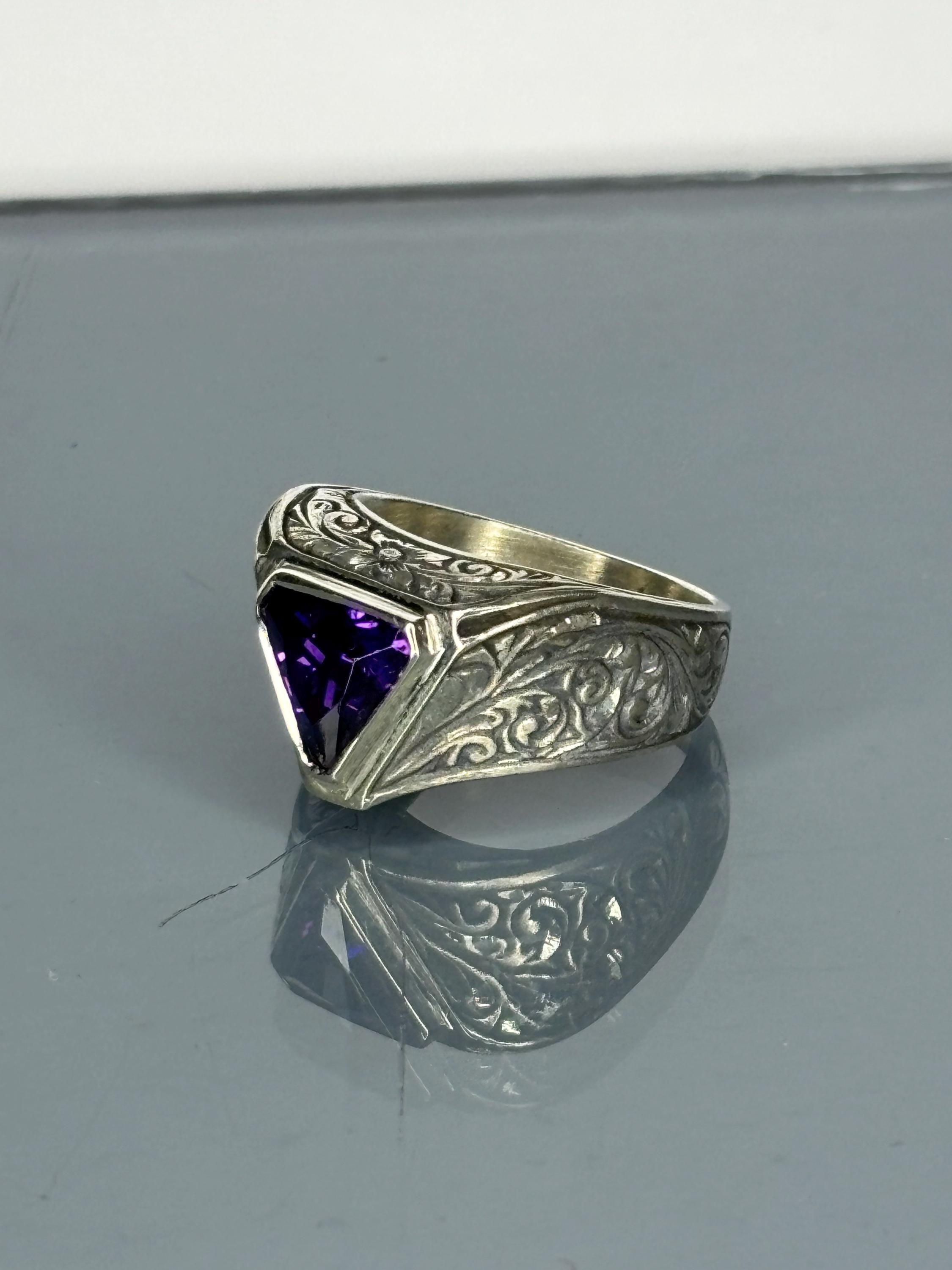 Triangle Men Rings Handmade Sterling Silver Men's Ring: Gothic Triangle Amethyst Jewelry ...