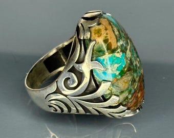 Eye-Catching 925 Sterling Silver Men&#39;s Ring with Turquoise Stones, Intricate Vintage Design, Unique Statement Jewelry Gift for Him