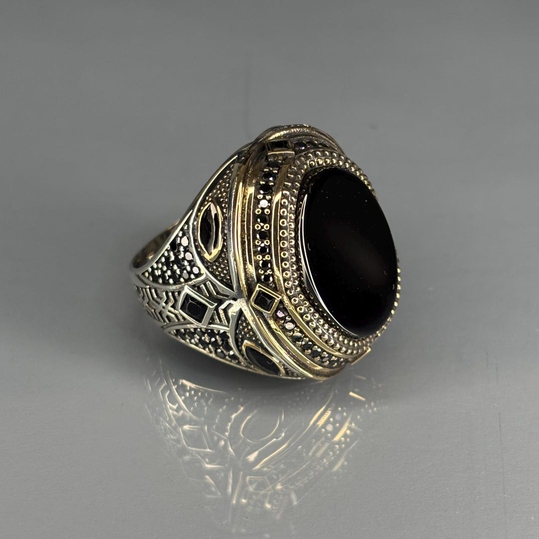 Black Onyx Gothic Men's Ring, 925 Sterling Silver Heavy Statement ...