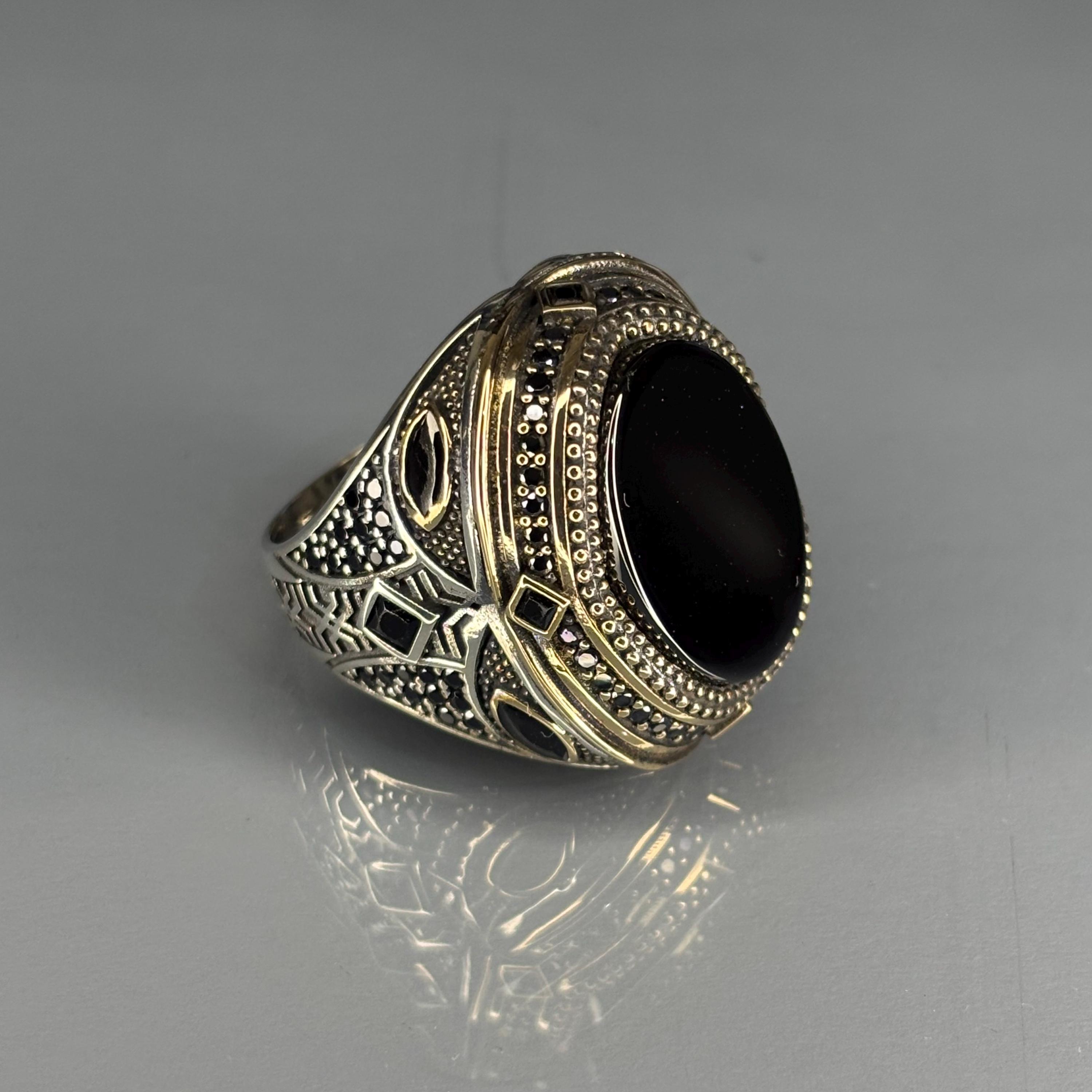 Black Onyx Gothic Men's Ring, 925 Sterling Silver Heavy Statement Jewelry, Ornate Antique Style Biker Gift for Him