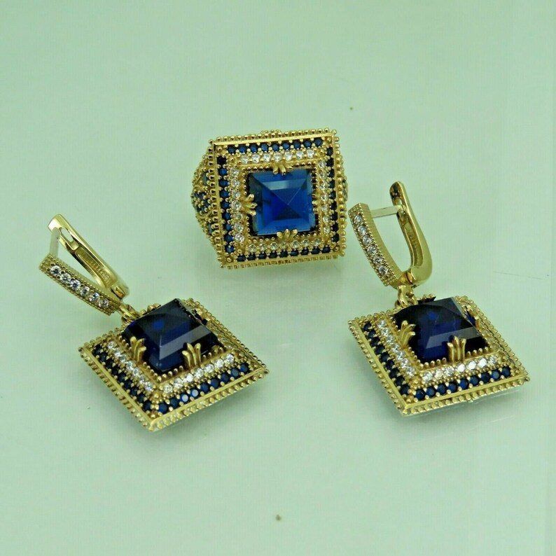 Turkish Handmade Jewelry 925 Sterling Silver Sapphire Stone Women Earring Set