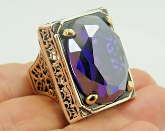 Turkish Handmade Jewelry 925 Sterling Silver Amethyst Stone Men Ring Sz 10