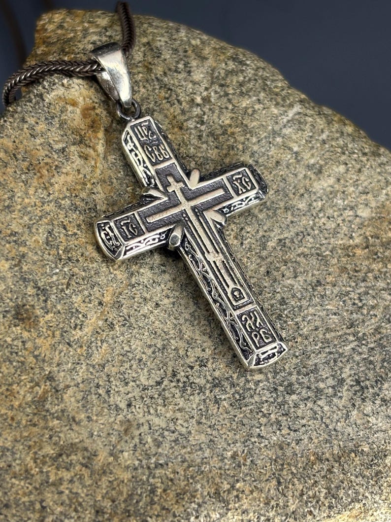Artisan Byzantine Orthodox Cross Pendant in sterling silver 925 with intricate engravings and oxidized finish. A powerful Christian necklace symbolizing faith and devotion, ideal as a handmade religious jewelry gift, spiritual necklace for men, or meaningful keepsake for Orthodox Christian believers.