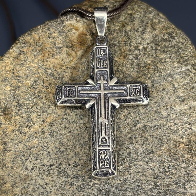Elegant Orthodox Cross Necklace in 925 sterling silver featuring Byzantine engraved details and oxidized finish. This handmade Eastern Christian pendant is a timeless religious jewelry piece, perfect for men and women seeking a faith necklace, baptism cross, or spiritual gift with traditional Orthodox symbolism.