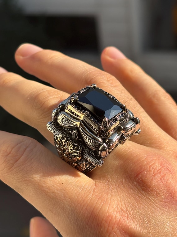 925 Sterling Silver Onyx Stone Turkish Handmade Men's Ring, Vintage Ottoman Gothic Statement Band, Black Gem Biker Gift for Him Anniversary