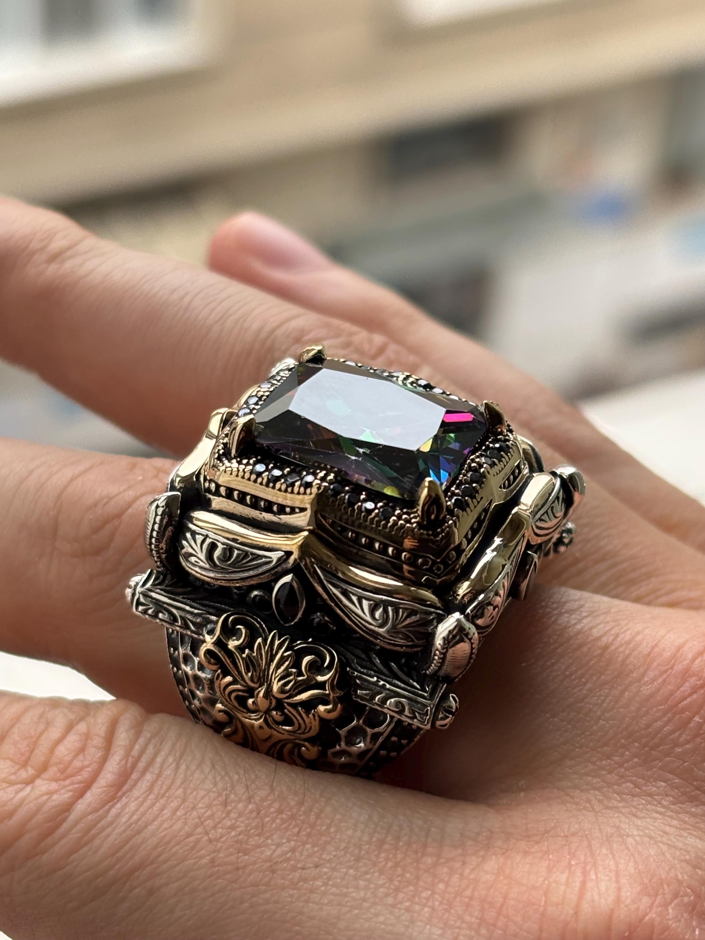 トルコ製ハンドメイドミスティックトパーズメンズリング、925