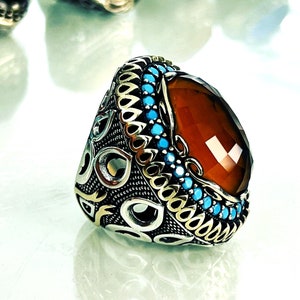 Turkish Handmade Jewelry 925 Sterling Silver Quartz Stone Men Ring Sz 10