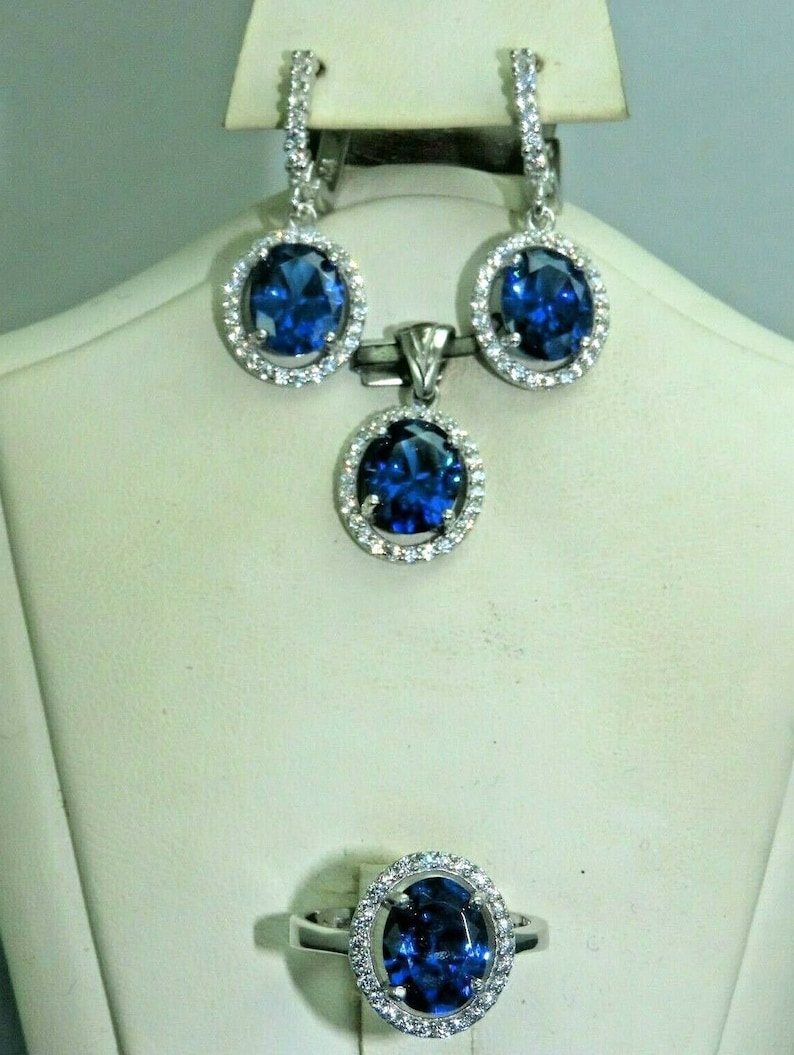 Turkish Handmade Jewelry 925 Sterling Silver Sapphire Stone Women Earring Set