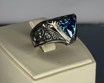 Handmade Sterling Silver Aquamarine Ring: Vintage Filigree Signet