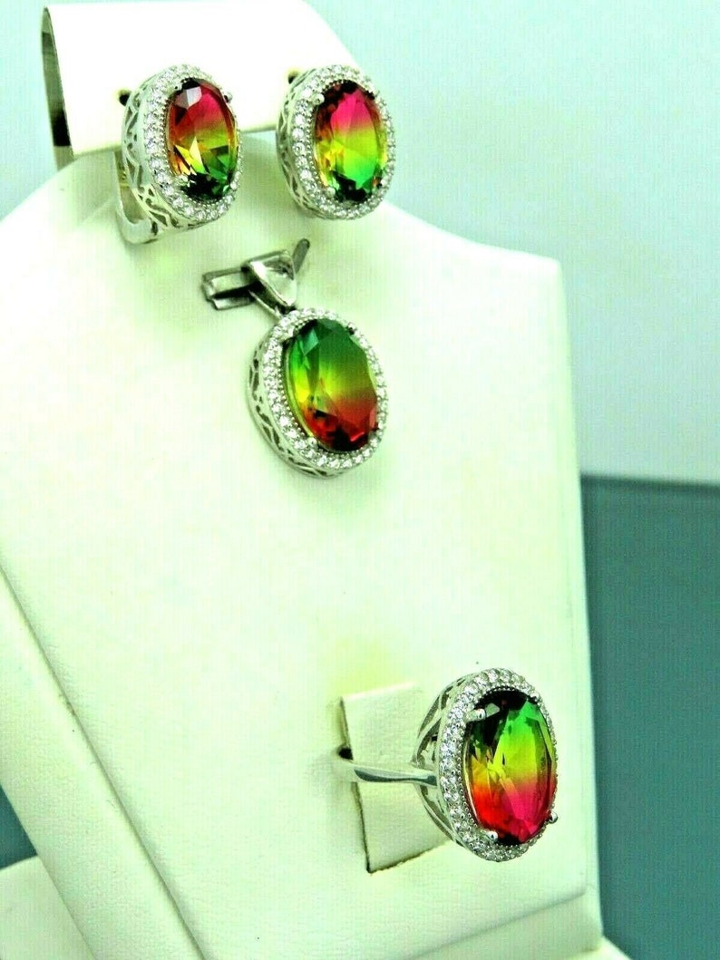 Turkish Handmade Jewelry 925 Sterling Silver Tourmaline Stone Women Earring Set