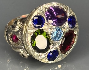 Turkish Handmade Multi Gemstone Men's Ring, 925 Sterling Silver Ornate Vintage Style, Statement Jewelry