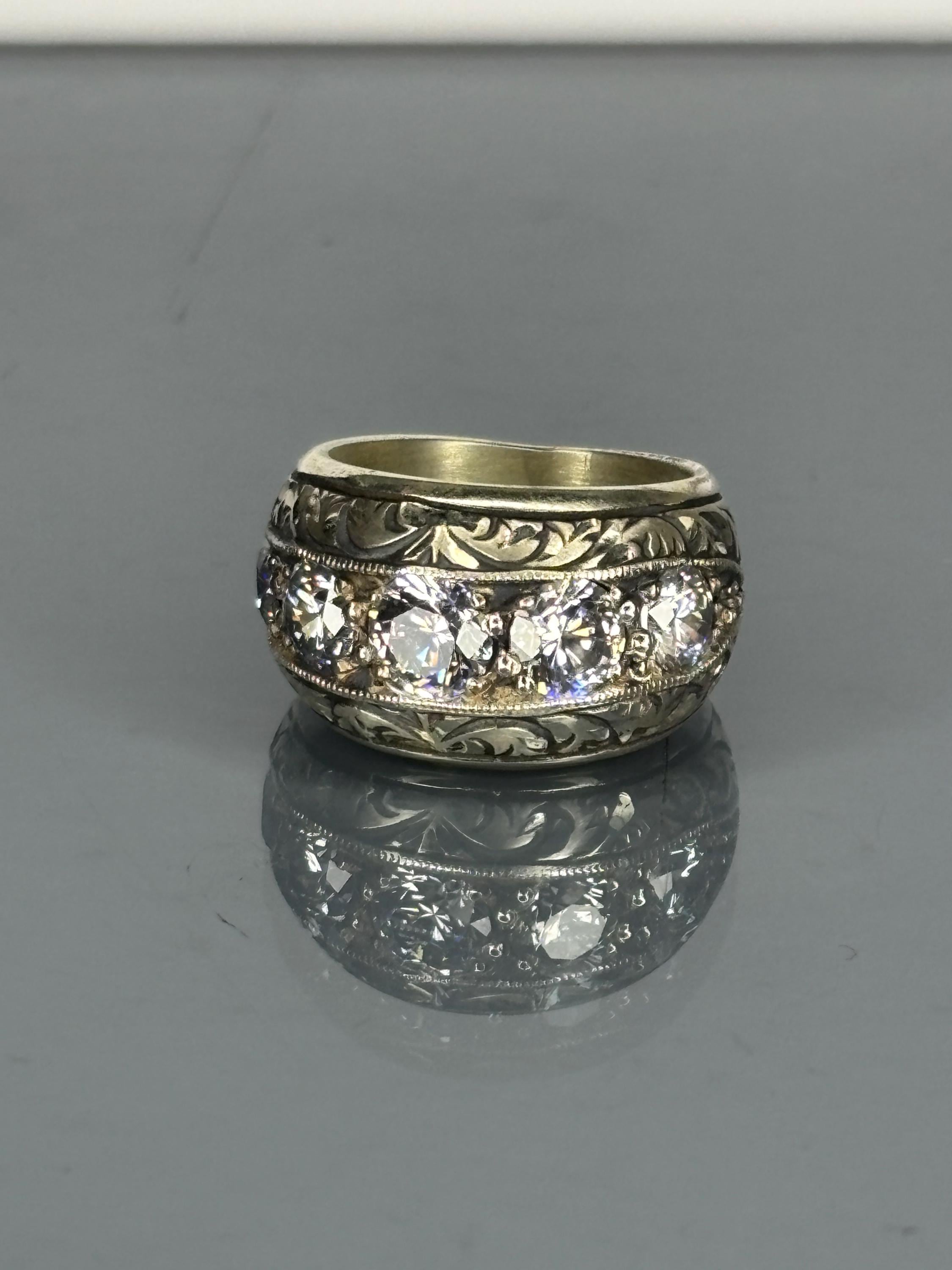 Turkish Handmade 925 Sterling Silver Men's Ring with Sparkling Zircon Stones, Vintage-Inspired Jewelry, Unique Statement Ring for Men