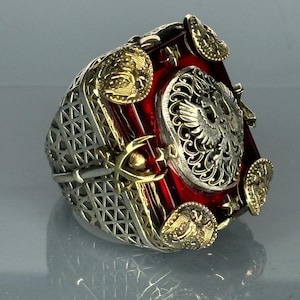 925 Sterling Silver Men's Ring with Ruby Stone, Ottoman Style Eagle Design, Unique Vintage Jewelry, Handmade Gift for Him, Turkish Ring