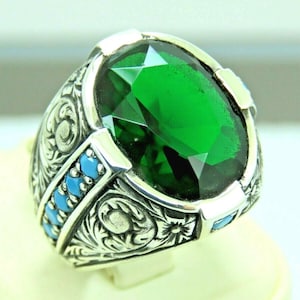 Turkish Handmade Jewelry 925 Sterling Silver Emerald Stone Men Ring Sz 11