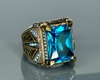 Aquamarine Stone Ring: Turkish 925 Sterling Silver Filigree, Boho Mens Ring