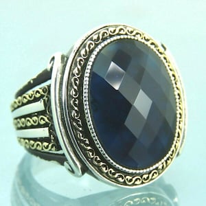 Turkish Handmade Jewelry 925 Sterling Silver Sapphire Stone Men Ring Sz 11