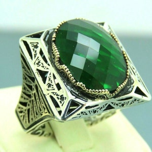 Turkish Handmade Jewelry 925 Sterling Silver Emerald Stone Men Ring Sz 10