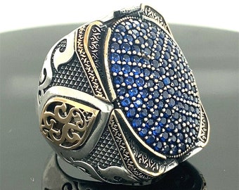 Turkish Handmade Jewelry 925 Sterling Silver Sapphire Stone Men Ring Sz 11