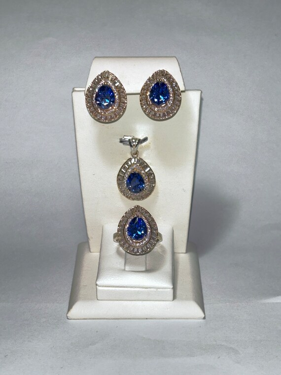Parure De Bijoux En Argent 925 Avec Pierre Bleue - Collier Et Boucles D'Oreilles - Occasion