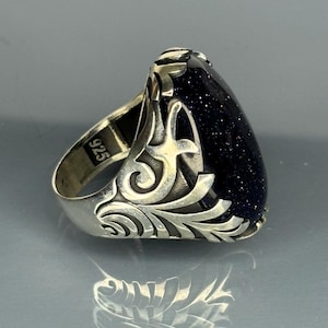 Türkischer 925er Sterlingsilber Aventurin-Ring für Herren, Vintage-Stil Midnight Blue Stone Ring, einzigartiger Statement-Ring, handgemachtes Geschenk für ihn