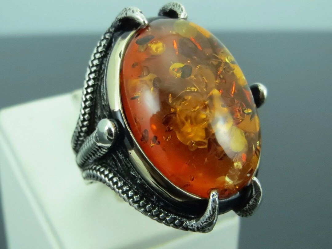 925 Sterling Silver Amber Stone Claw Men Ring - Etsy