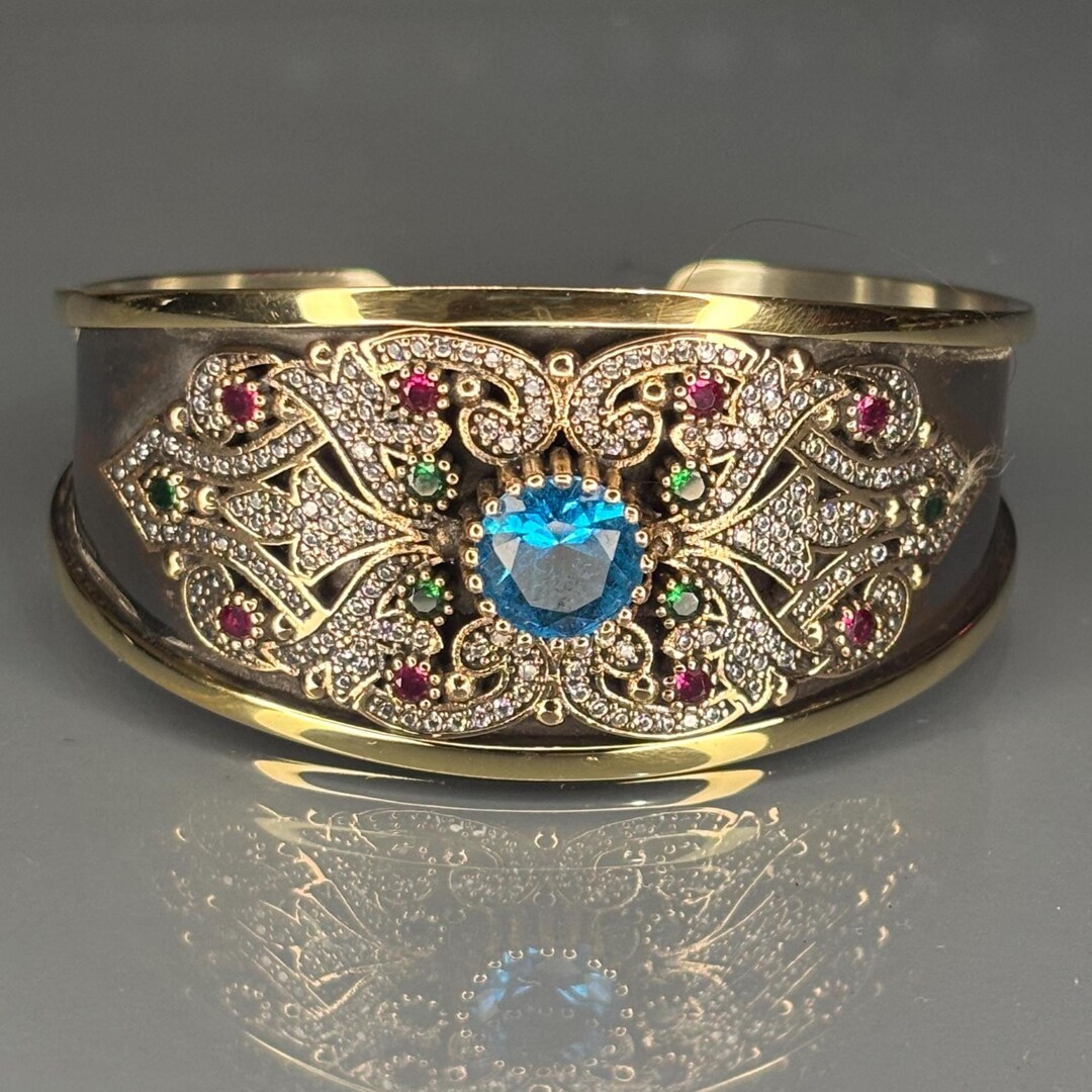 Foral Design Ruby Aquamarine Sterling Silver Bangle: Ottoman Handmade Floral Design, Ruby ...