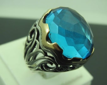 Turkish Handmade Jewelry 925 Sterling Silver Aquamarine Men's Ring Sz 11