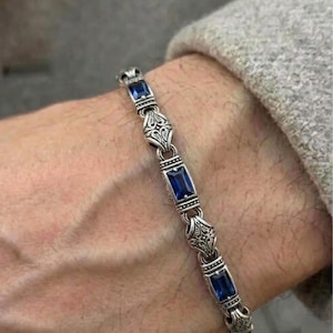 925 Sterling Silver Sapphire Stone Men's Bracelet, Turkish Handmade Jewelry Gift, Blue Gemstone Ottoman Wristband for Him, Unique Gift Idea