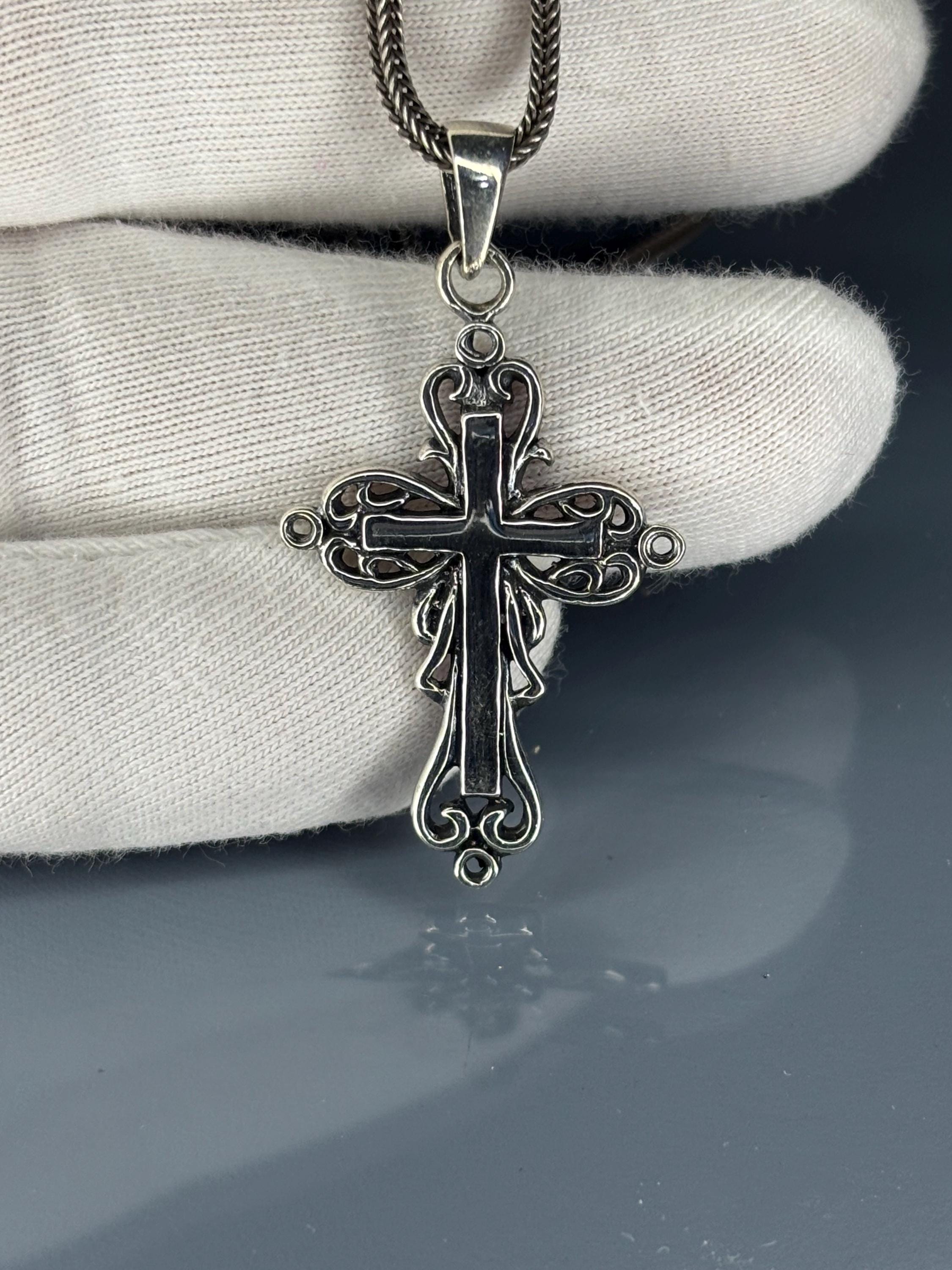Gothic Cross Necklace, Ornate 925 Silver Pendant, Handmade 