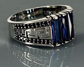 Men&#39;s 925 Sterling Silver Sapphire Stone Ring, Greek Key Design, Turkish Handmade Statement Ring, Unique Gift for Him, Vintage Jewelry,