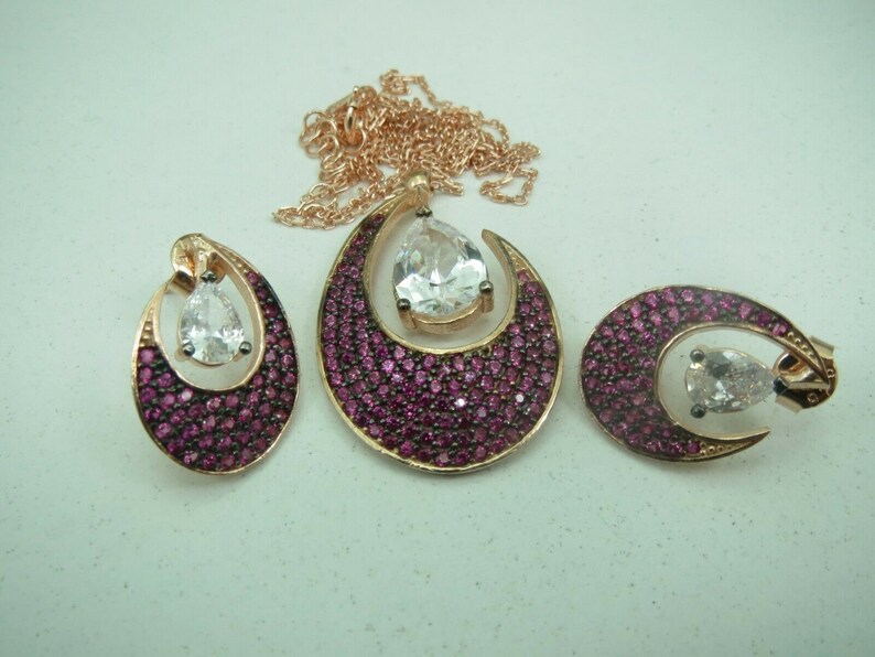 Turkish Handmade Jewelry 925 Sterling Silver Ruby Stone Women Earring Set