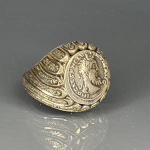925 Sterling Silver Roman Coin Men’s Ring with Baroque Engraved Design, Artisan Historical Signet Ring, Bold Ancient Style Gift for Him