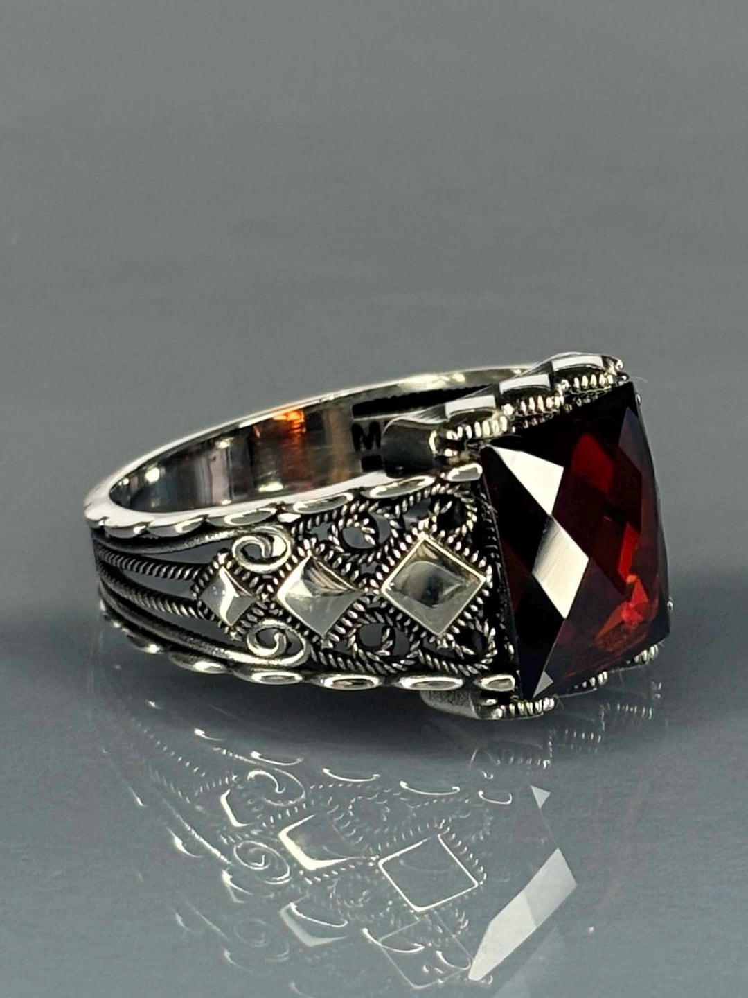 925 Sterling Silver Men's Ring With Ruby Stone, Vintage Gothic Red