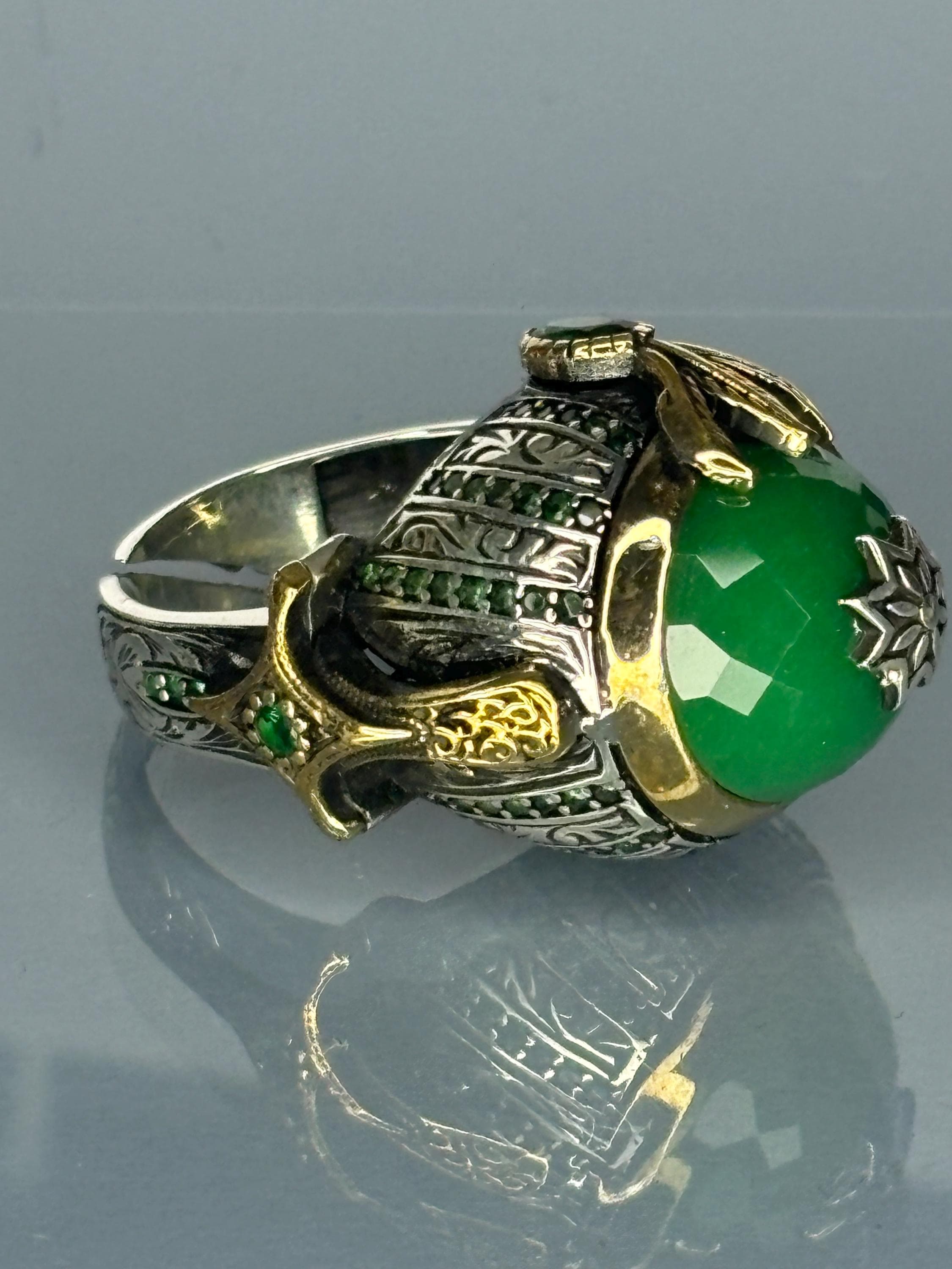 Unique 925 Sterling Silver Men's Ring with Emerald Stone - Handmade Ottoman Sword Design, Vintage Style Statement Ring, Gift for Him