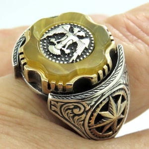 Agate Eagle Ring: Handcrafted Sterling Silver Two-Tone Gothic Jewelry