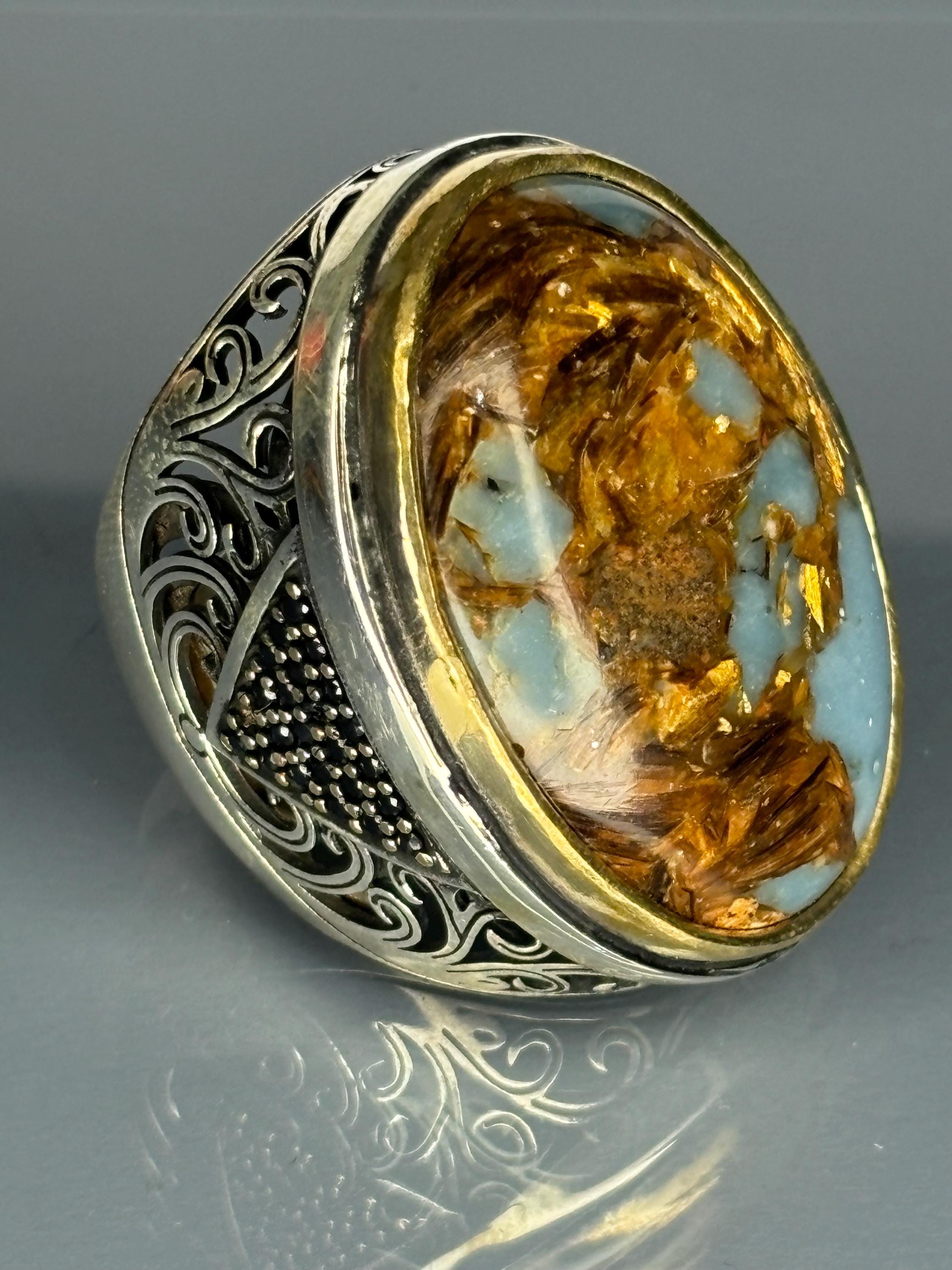 Eye-Catching 925 Sterling Silver Men's Ring with Turquoise Stones, Intricate Vintage Design, Unique Statement Jewelry Gift for Him
