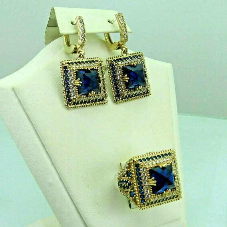 Turkish Handmade Jewelry 925 Sterling Silver Sapphire Stone Women Earring Set