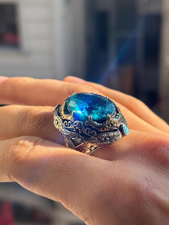 925 Sterling Silver Aquamarine Stone Turkish Handmade Men's Ring, Vintage Ottoman Statement Band, Blue Gem Jewelry Gift for Him