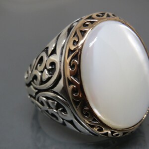 Anillo de plata de ley 925 con piedra de perla para hombre, joyería turca hecha a mano, talla 10