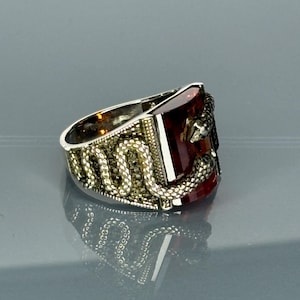 Puede incluir: Un anillo de plata con una piedra roja y un diseño de serpiente. La serpiente está envuelta alrededor de la piedra y tiene un diseño detallado.