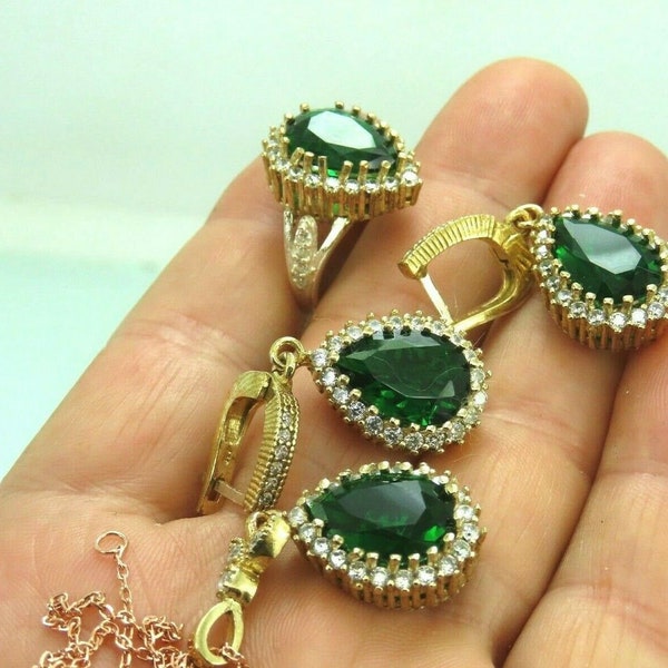 Ensemble de boucles d'oreilles pour femmes en argent sterling 925 avec pierre émeraude et bijoux faits main turcs