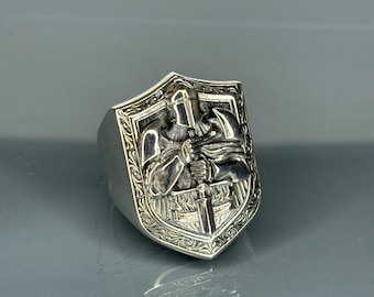 Sterling Silver Knight Shield Ring: Medieval Warrior Gothic Statement