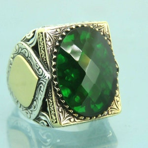 Turkish Handmade Jewelry 925 Sterling Silver Emerald Stone Men Ring Sz 10