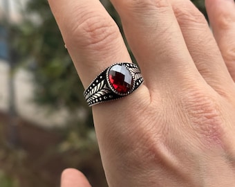 ガーネットストーンリング：ハンドメイド925スターリングシルバー酸化